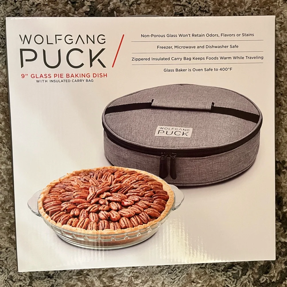 Wolfgang Puck Glass Pie Baking Dish with Insulated Carry Bag NEW